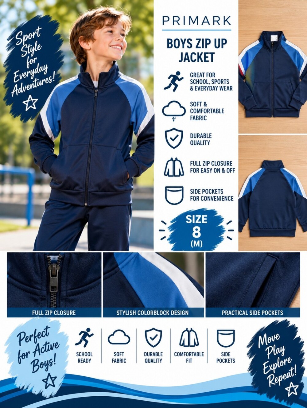 New primark area boys size 8 blue zip up jacket #35